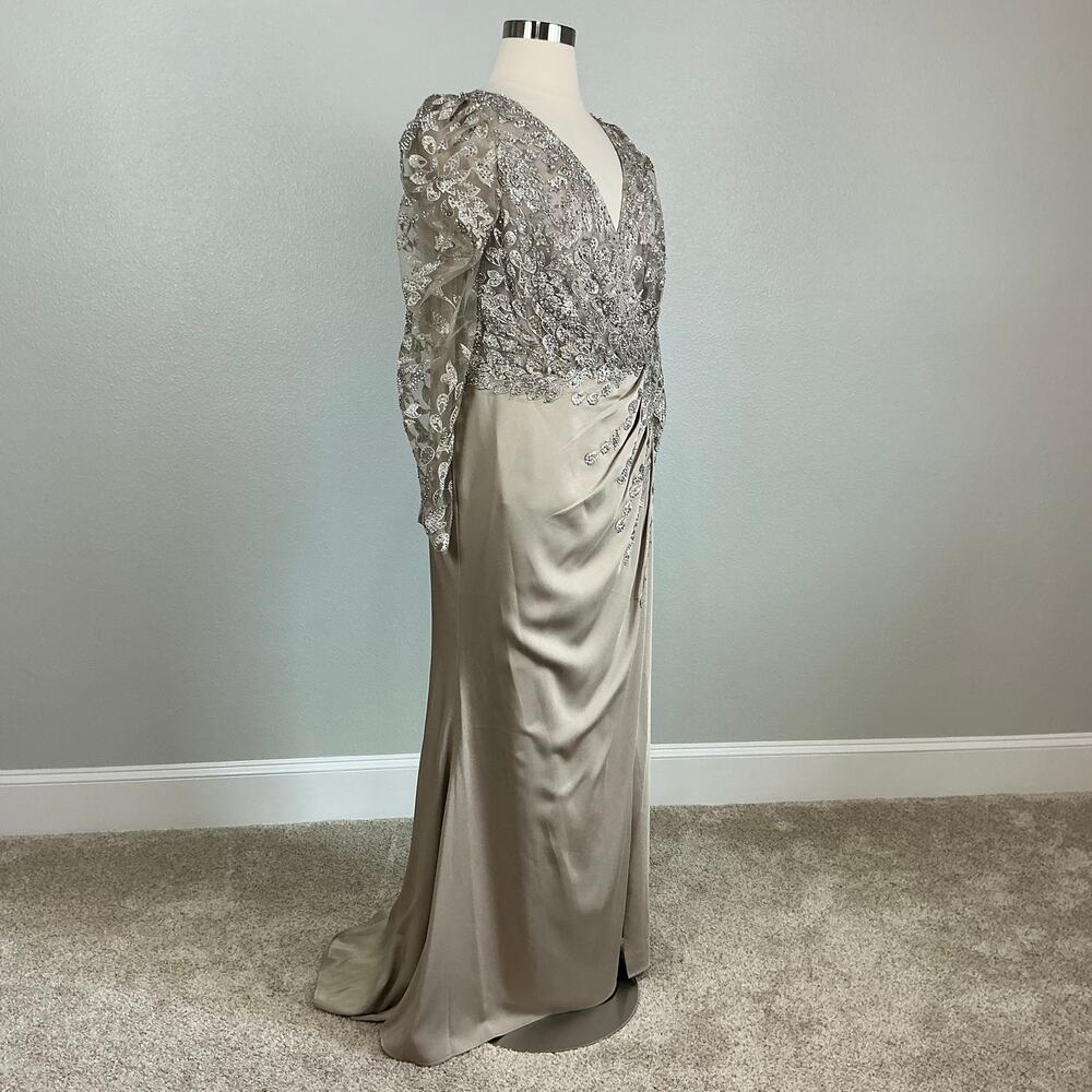 Mac Duggal 20346 Taupe Evening Gown Beaded Long Sleeve A-Line Dress Size 18 - Picture 3 of 12